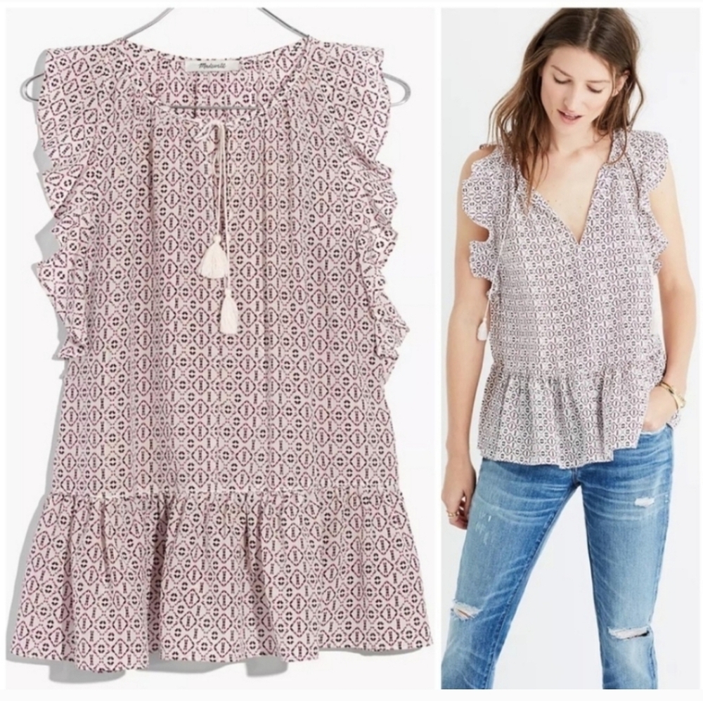 Madewell Ruffle Cap Sleeve Peplum Top Tassel Tie Print Boho Small